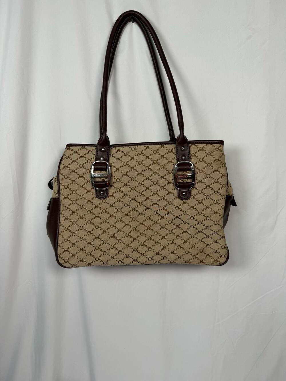 Etienne Aigner Signature Monogram Canvas and Brown Leather Tote Shoulder Handbag